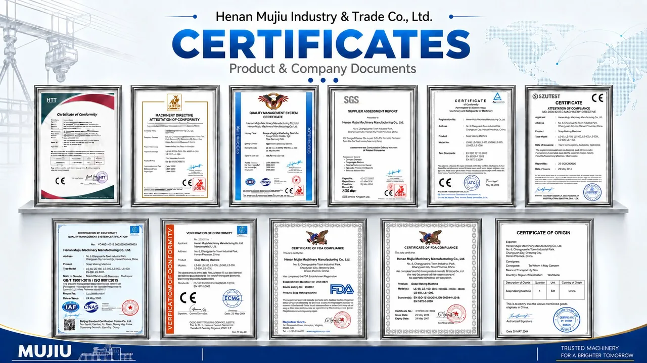 沐玖公司与产品证书墙，包括 CE、ISO 9001、SGS、FDA 及原产地证书等文件