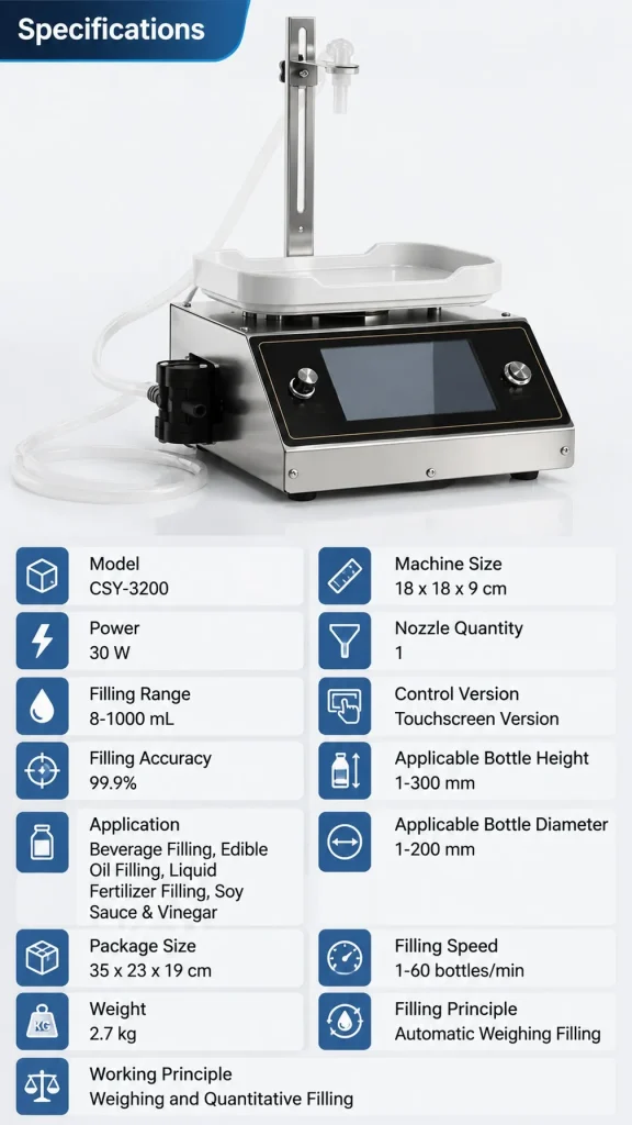 CSY3200 Semi Auto Liquid Filling Machine Desktop Diaphragm Pump Filler 8g to 1000g Capacity for Beverage Sauce Vinegar Oil - Detail image 2