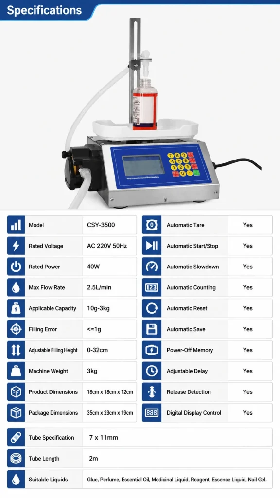 CSY 3500 Semi Auto Peristaltic Pump Liquid Filling Machine 10 to 500g Range for Glue Essence Oil and Chemical Solutions - Detail image 2