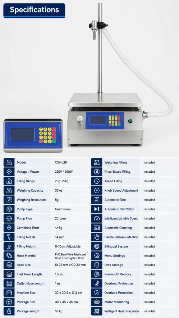 CSY-L20 High Precision Semi-Automatic Weighing Liquid Machine for Edible Oil Peanut Oil Rapeseed Oil Beverage Liquid Soap - Detail image 2