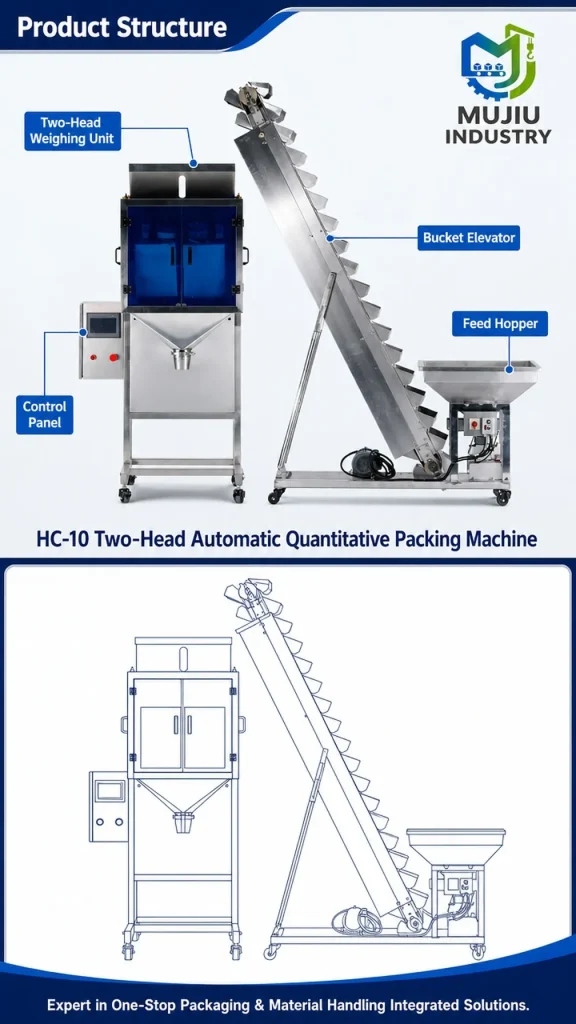 Fully Automatic Two-Head Quantitative Granule Packing Machine 10g-2000g High Precision HC-10 with Bucket Elevator - Detail image 3
