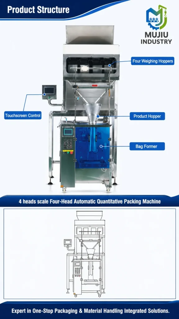 Fully Automatic Four-Head Quantitative Packing Machine 20-1000g VFFS Vertical Form Fill Seal for Granules - Detail image 3