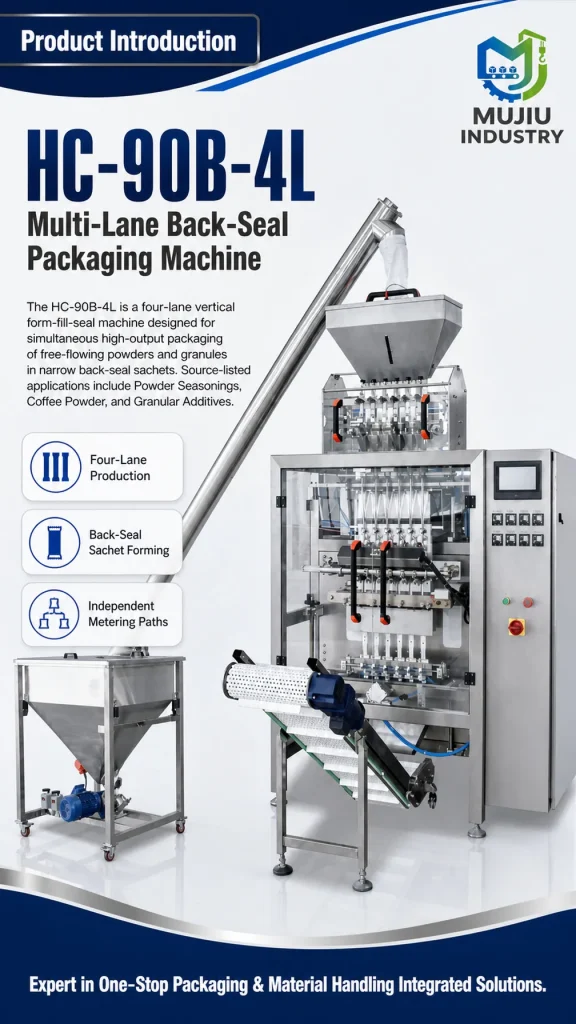 HC-90B-4L Automatic Four-Lane Back-Seal Powder Granule VFFS Sachet Packing Machine with Auger Metering and Touchscreen Control - Detail image 1