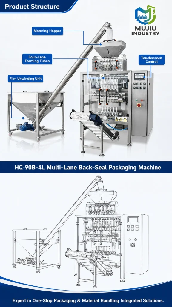 HC-90B-4L Automatic Four-Lane Back-Seal Powder Granule VFFS Sachet Packing Machine with Auger Metering and Touchscreen Control - Detail image 3