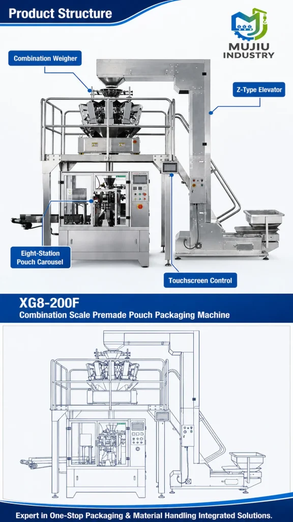 XG8-200F Combination Scale Premade Pouch Packaging Machine Multihead Weigher Rotary Pouch Packing for Snack Granule Seeds Nuts - Detail image 3
