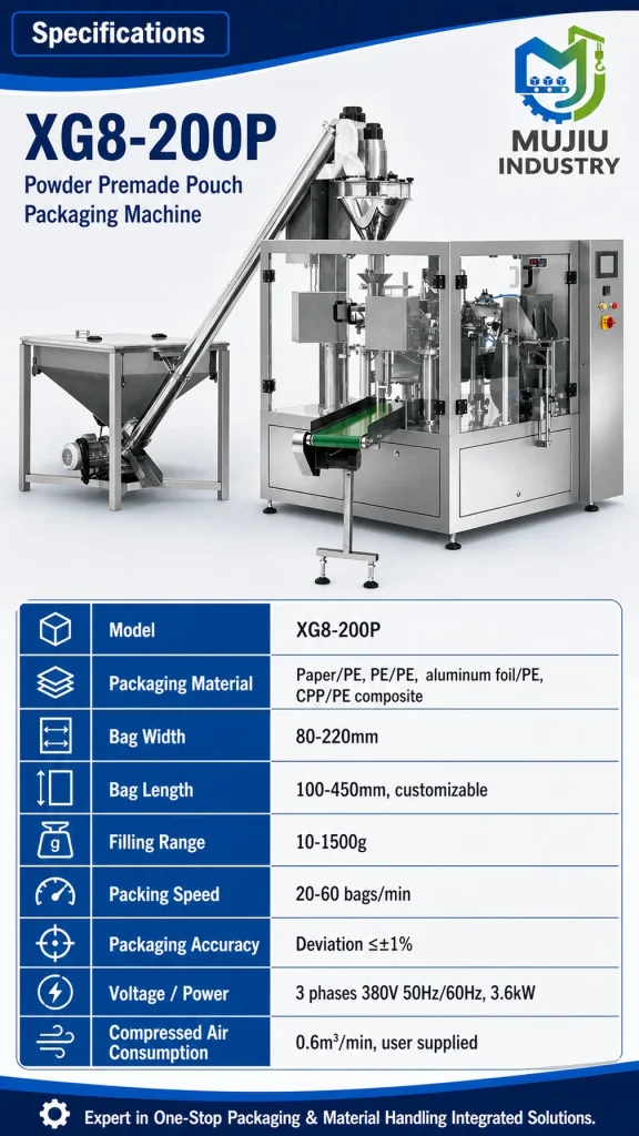 XG8-200P powder premade pouch packing machine specification panel