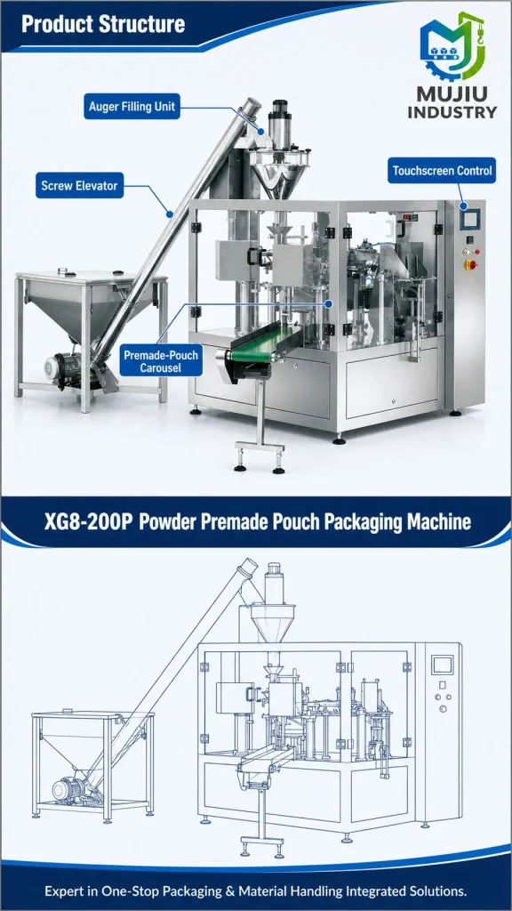 XG8-200P powder premade pouch packing machine structure overview panel