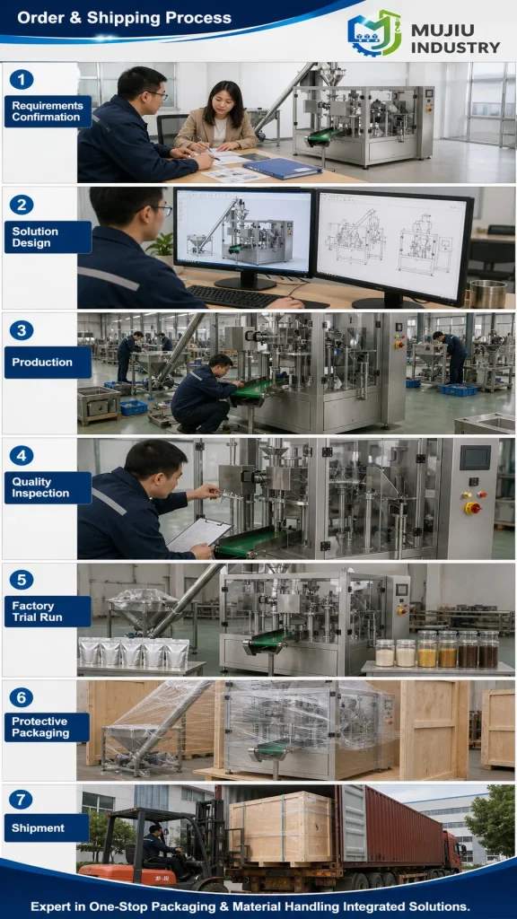 XG8-200P powder premade pouch packing machine order and shipping information panel