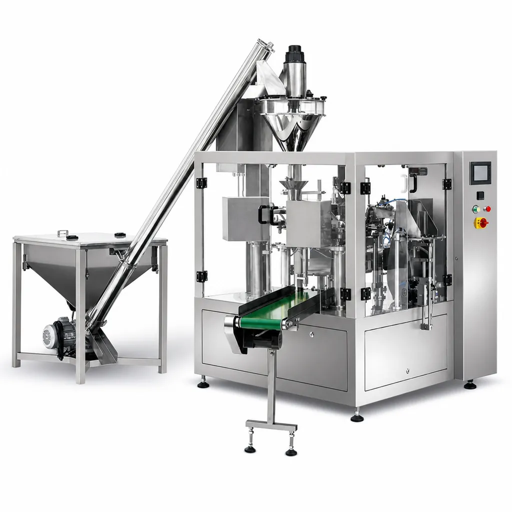 XG8-200P powder premade pouch packing machine on a white background