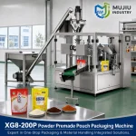 XG8-200P powder premade pouch packing machine shown with packaged powder products