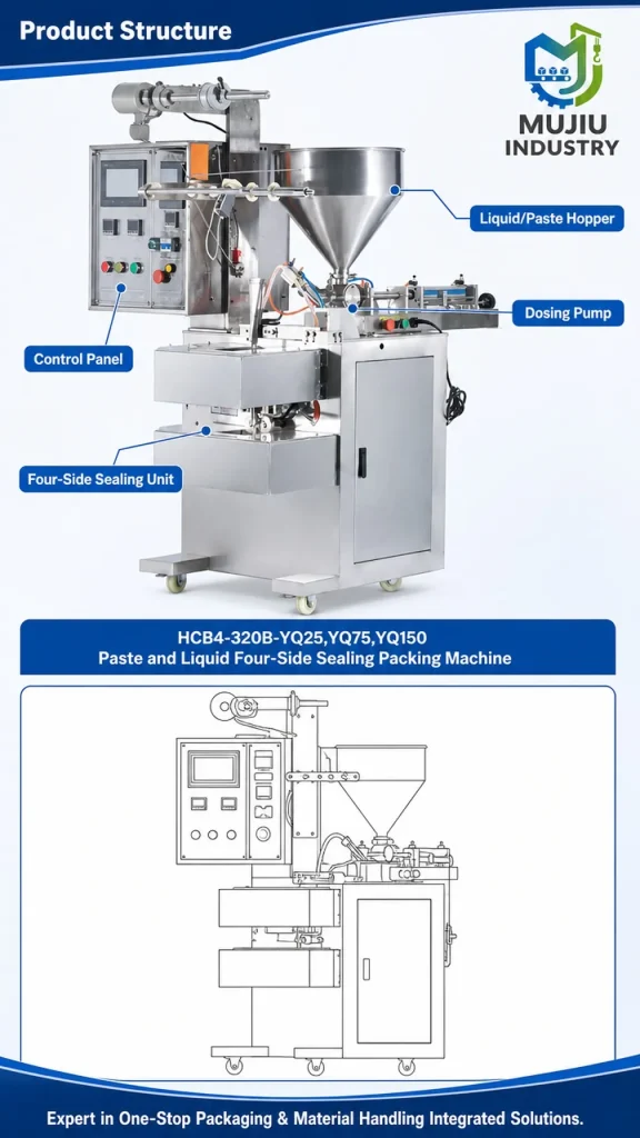 MUJIU HCB4-320B-YQ25/YQ75/YQ150 Automatic Paste and Liquid Four-Side Sealing Packing Machine Sachet Filling Machine - Detail image 3