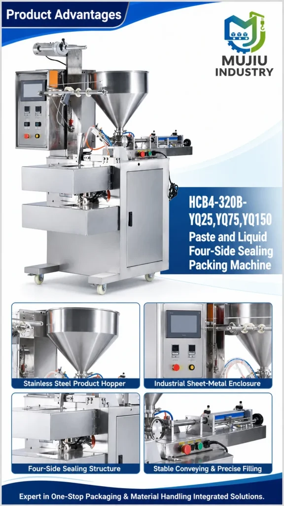 MUJIU HCB4-320B-YQ25/YQ75/YQ150 Automatic Paste and Liquid Four-Side Sealing Packing Machine Sachet Filling Machine - Detail image 5