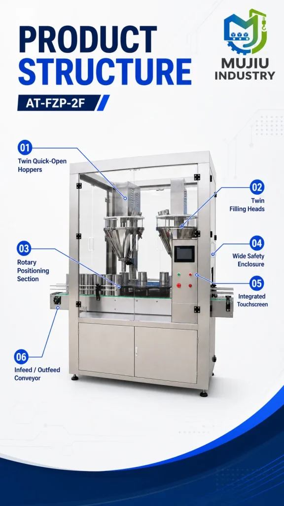 0-100 Bottles Per Minute Twin Head Weighing Filling Machine AT-FZP-2F Enclosed 304 Stainless Steel Vial Cans Powder Filler Touch - Detail image 3