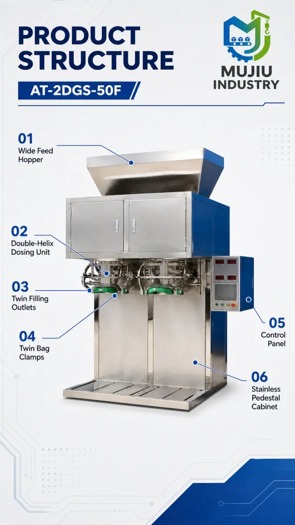 Automatic Double-Helix 5-50kg Powder Filling Machine AT-2DGS-50F Twin Outlet Bagging Machine for High Output - Detail image 3