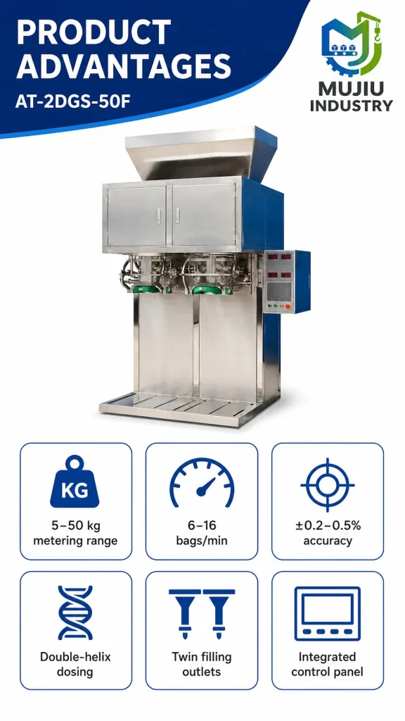 Automatic Double-Helix 5-50kg Powder Filling Machine AT-2DGS-50F Twin Outlet Bagging Machine for High Output - Detail image 4