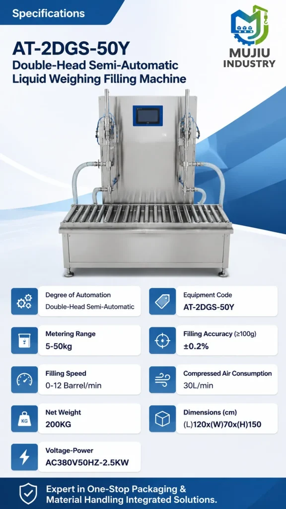 Semi-Automatic 2-Head Liquid Weighing Filling Machine 5-50kg AT-2DGS-50Y Industrial Pail Drum Filler for Oil Detergent - Detail image 2