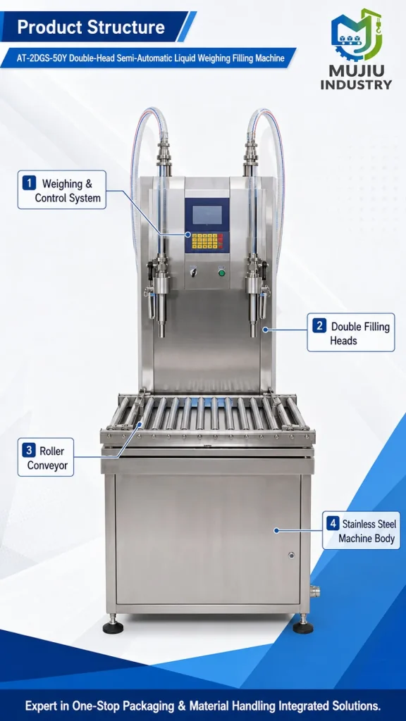 Semi-Automatic 2-Head Liquid Weighing Filling Machine 5-50kg AT-2DGS-50Y Industrial Pail Drum Filler for Oil Detergent - Detail image 3