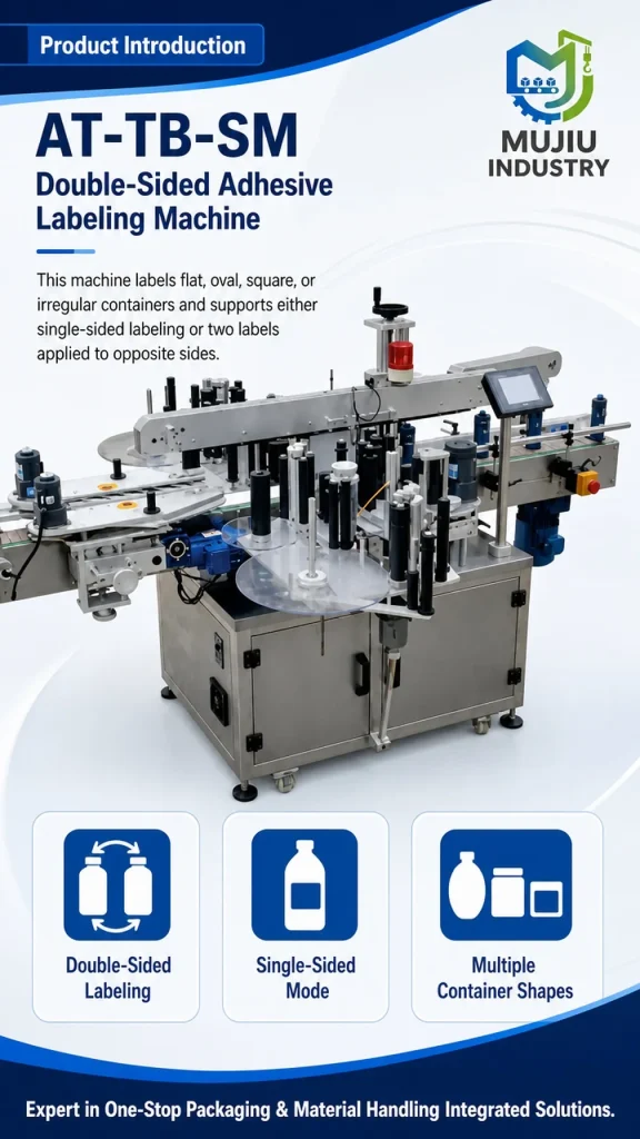 Expert MUJIU AT-TB-SM Fully Automatic Double-Sided Adhesive Sticker Labeling Machine for Flat Round Square Bottles - Detail image 1