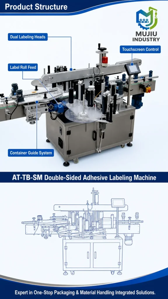 Expert MUJIU AT-TB-SM Fully Automatic Double-Sided Adhesive Sticker Labeling Machine for Flat Round Square Bottles - Detail image 3