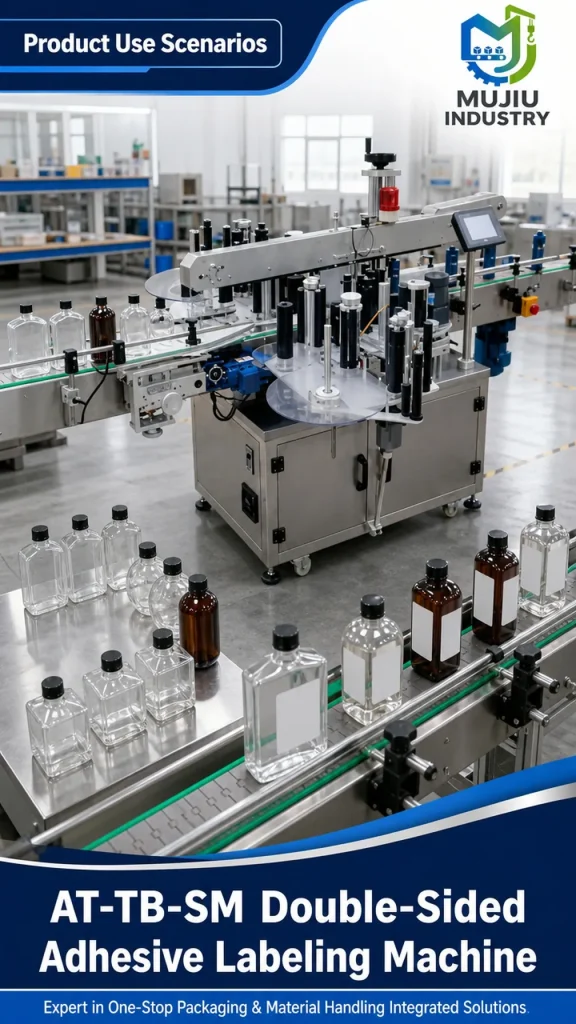 Expert MUJIU AT-TB-SM Fully Automatic Double-Sided Adhesive Sticker Labeling Machine for Flat Round Square Bottles - Detail image 4