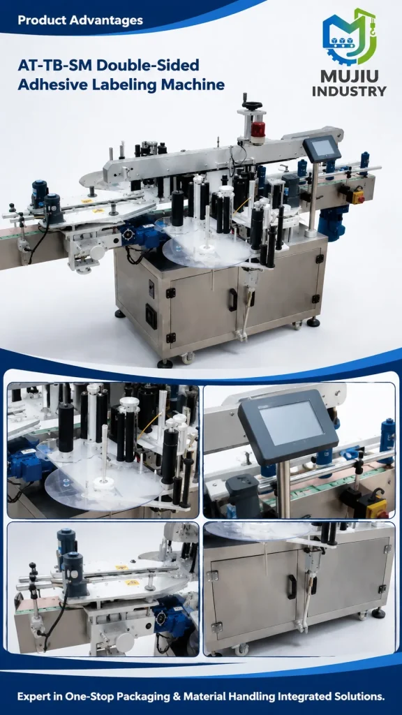 Expert MUJIU AT-TB-SM Fully Automatic Double-Sided Adhesive Sticker Labeling Machine for Flat Round Square Bottles - Detail image 5