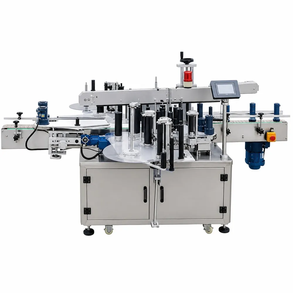 Expert MUJIU AT-TB-SM Fully Automatic Double-Sided Adhesive Sticker Labeling Machine for Flat Round Square Bottles - Main image 1