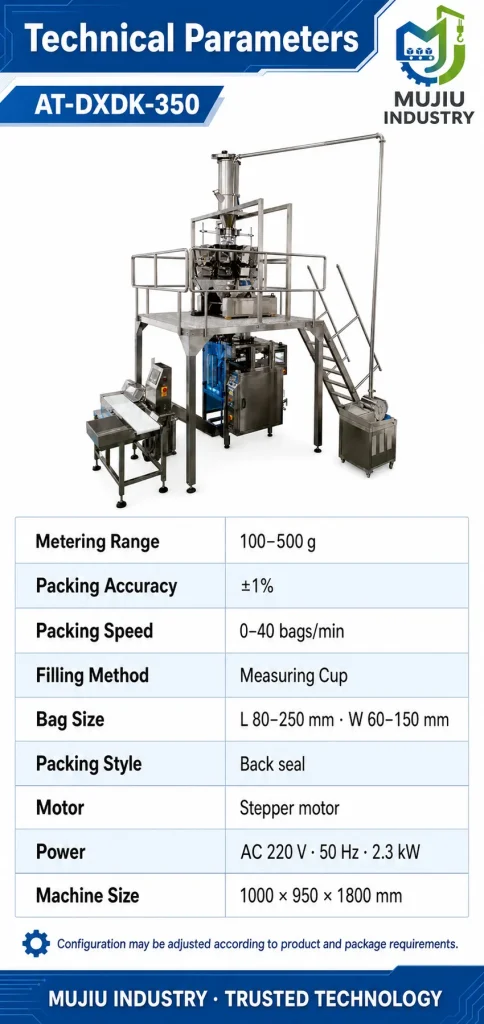 MUJIU High Speed Automatic 100-500g Multihead Weigher Vertical Granule Packaging Machine AT-DXDK-350 for Seeds Grains - Detail image 2