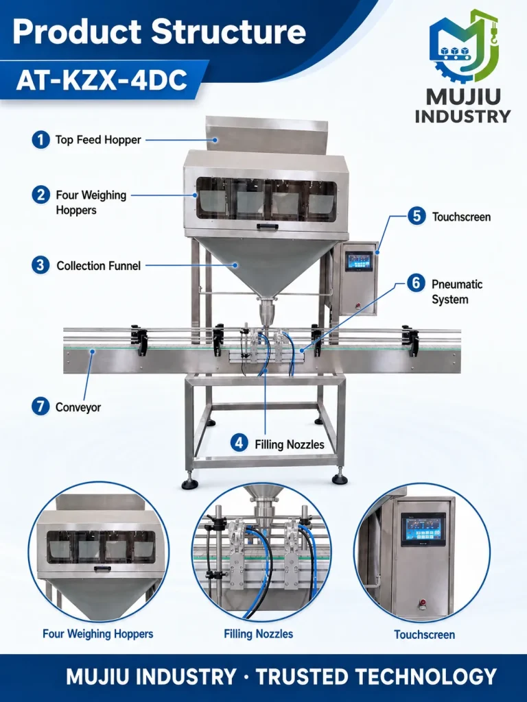 MUJIU High Accuracy 1g Four-Head Automatic Inline Granular Filling Machine AT-KZX-4DC for Commodity Seeds Beans Bottles - Detail image 3