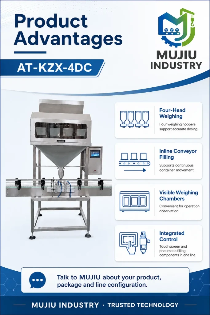 MUJIU High Accuracy 1g Four-Head Automatic Inline Granular Filling Machine AT-KZX-4DC for Commodity Seeds Beans Bottles - Detail image 5