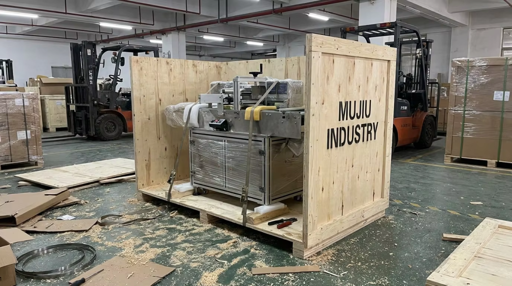 Equipment secured inside an open wooden shipping case