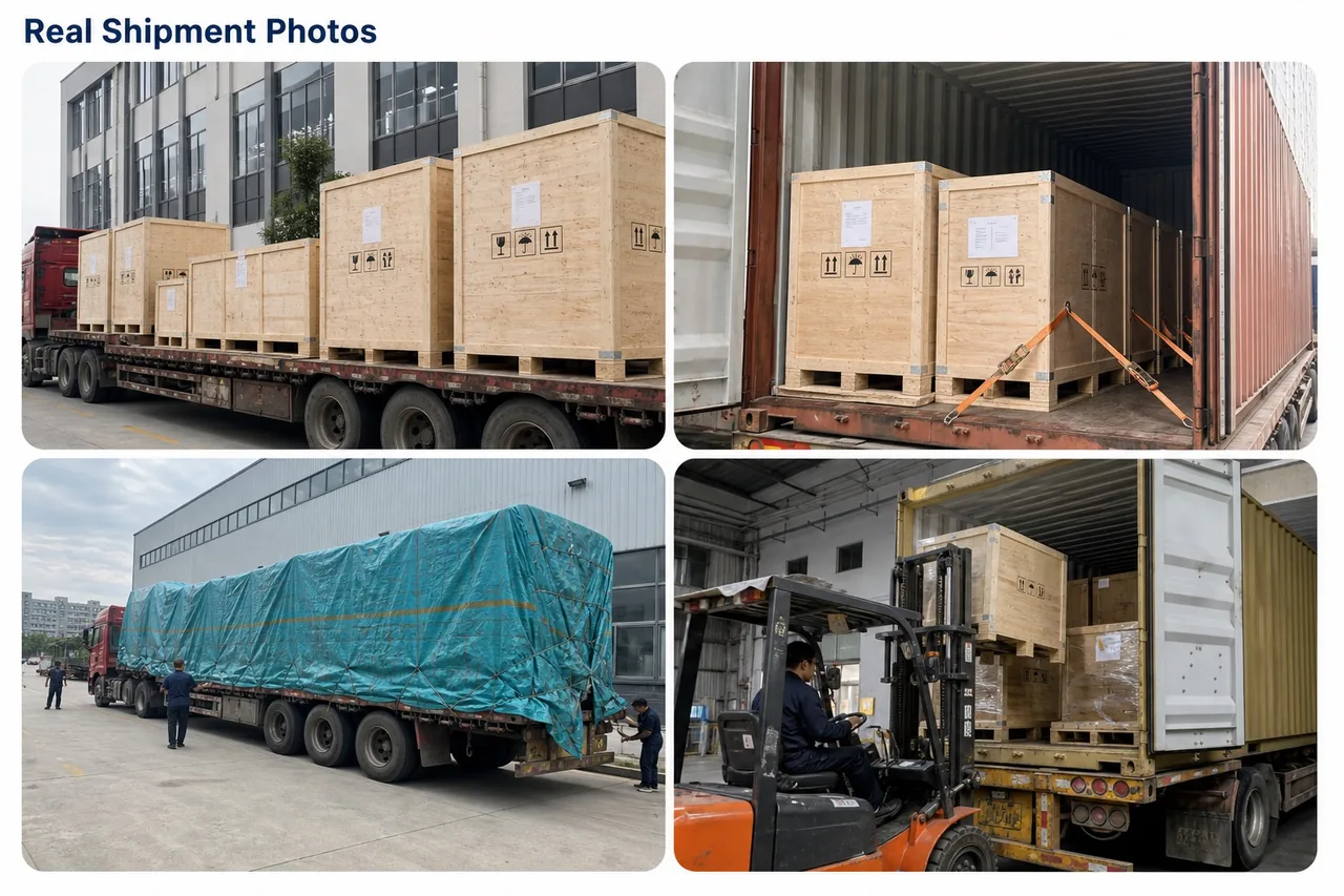 Wooden cases on a truck and in a container, with forklift loading